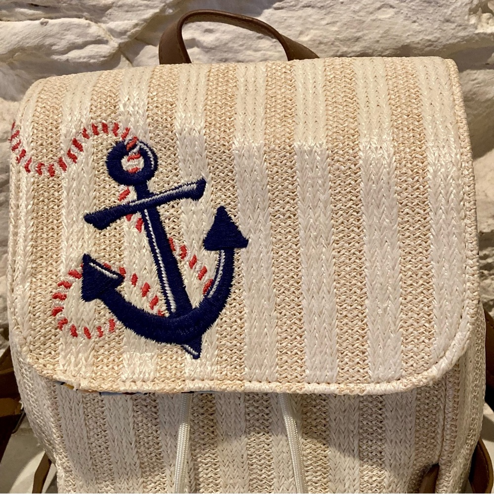 Vera Bradley Cream Striped Canvas Backpack with Navy Anchor Embroidery - Picture 2 of 16